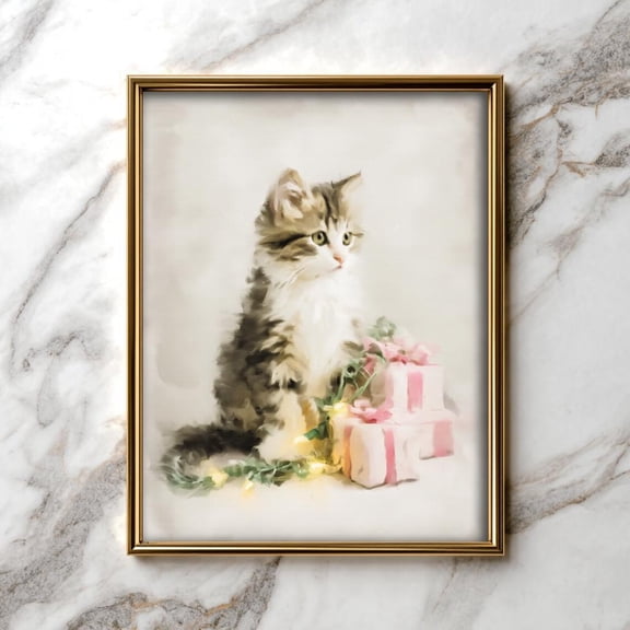 Cute Fluffy Kitten Tangled Inlights - Cozy Wall Art, Festive Cottagecore Decor, Soft Pastel Art 62, Unframed Poster Size 12x18