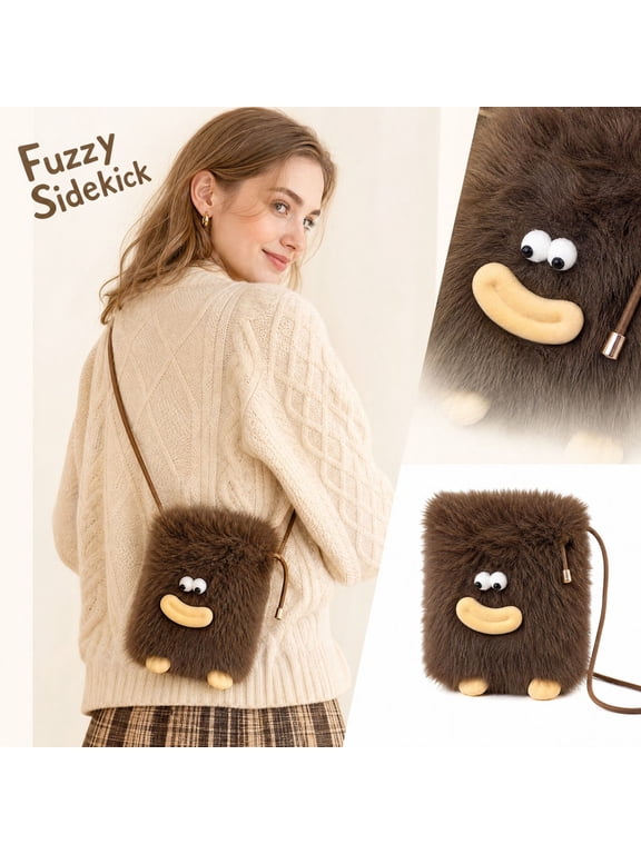 Cute Fluffy Monster Crossbody Bag for Women Funny Cartoon Plush Small Shoulder Purse Mini Phone Bag