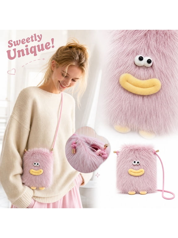 Cute Fluffy Monster Crossbody Bag for Women Funny Cartoon Plush Small Shoulder Purse Mini Phone Bag
