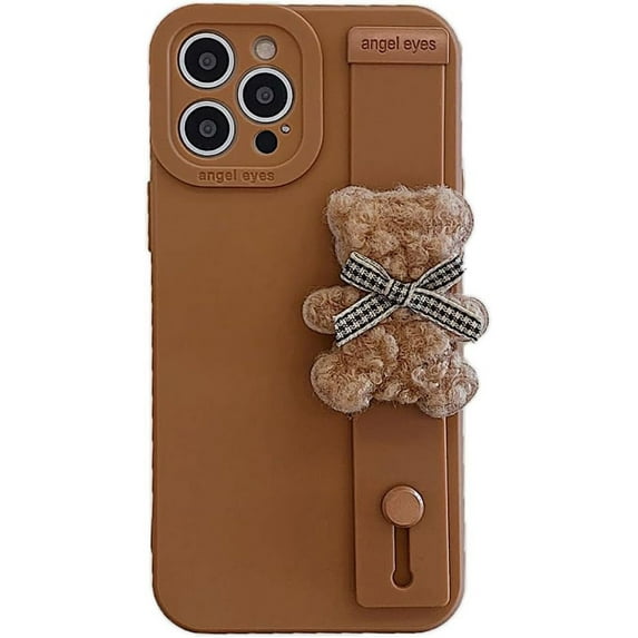 Cute Fluffy Plush Bear Wrist Strap Stand Solid Color Soft  for iPhone Case (Brown,iPhone 15)