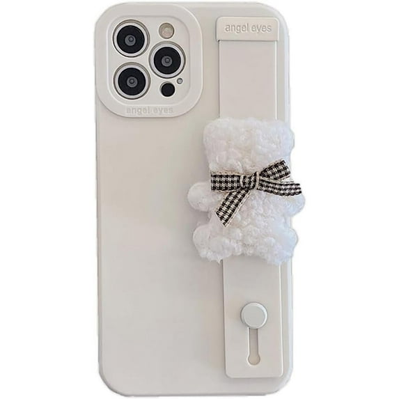 Cute Fluffy Plush Bear Wrist Strap Stand Solid Color Soft  for iPhone Case (White,iPhone 13 Pro)