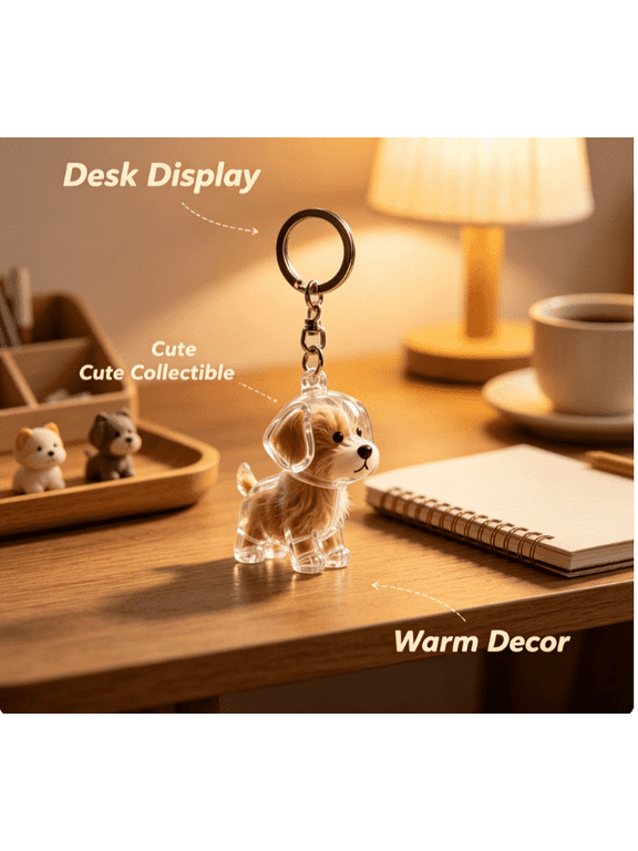 Cute Puppy Keychain with Clear Shell & Fluffy Plush Inside, Adorable Desk Display Ornament, Warm Home Decor Collectible Key Ring Gift for Dog Lovers