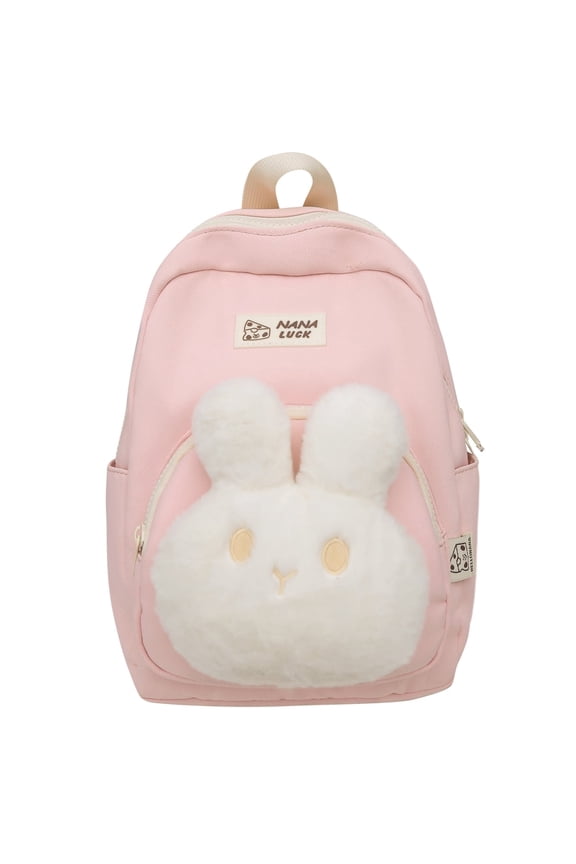 Cute Fluffy Rabbit Backpack Small Bunny Pink Bookbag, Lightweight Casual Nylon Casual Daypack Purse Travel Bag