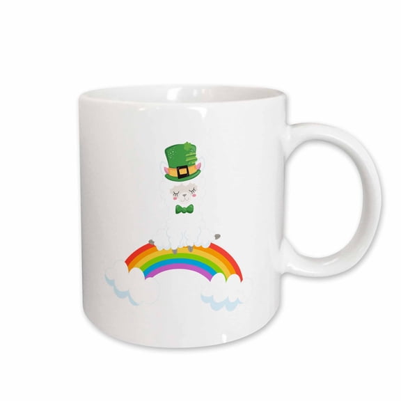 3drose, Cute Fluffy White St Patricks Day Llama Sitting on a Rainbow, 15oz Mug