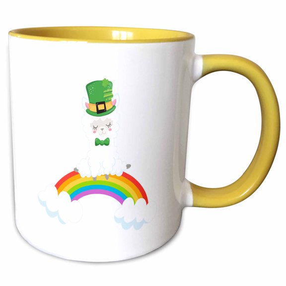 3drose, Cute Fluffy White St Patricks Day Llama Sitting on a Rainbow, 15oz Two-tone Yellow Mug