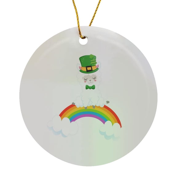 3drose, Cute Fluffy White St Patricks Day Llama Sitting on a Rainbow, Circle Porcelain Ornament