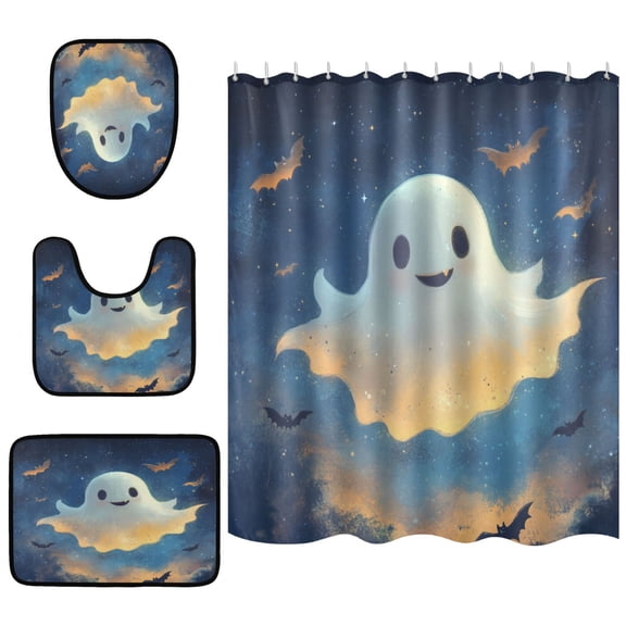 Cute Flying Ghosts Bathroom Accessory Curtain Sets Bath Curtain Anti-Slip Mats and Toilet Pad 66x72in
