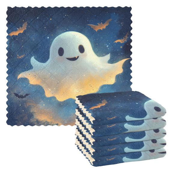 Cute Flying Ghosts 6 Pack Kitchen Cleaning Cloths 11'' x 11'', Super Absorbent, Soft Double Layer Plush for Dish and Surface Cleaning