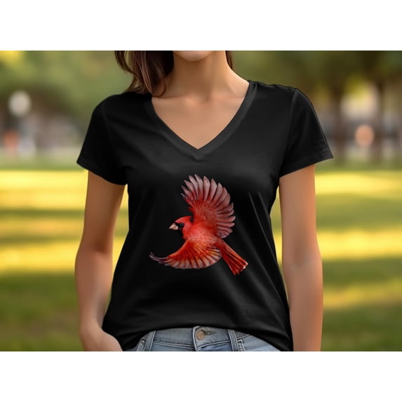 Cute Flying Northern Red Cardinal Bird Redbird Wings V-Neck T-Shirt Cardinal Bird Lover Gift for Men Women Boys Girls Graphic V-Neck Tshirt