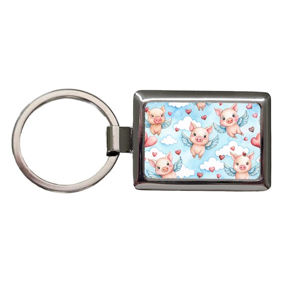 Cute Flying Pigs Hearts Watercolor Metal Rectangle Keychain