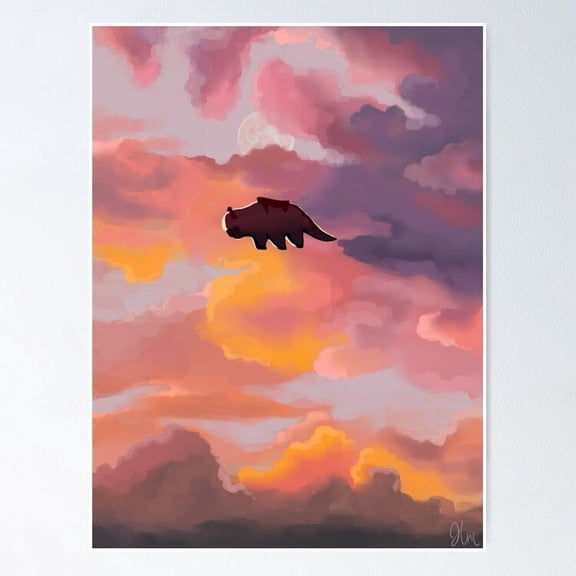 Cute Flying Sky Bison Illustration Wall Art Anime Decor, Unframed Poster