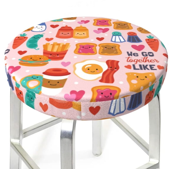 Cute Food Egg Bread Fries Round Bar Stool Seat Covers, Elastic Round Chair Cover Stool Seat Slipcover Bar Stool Cushions Round Pad for 12-14 inch