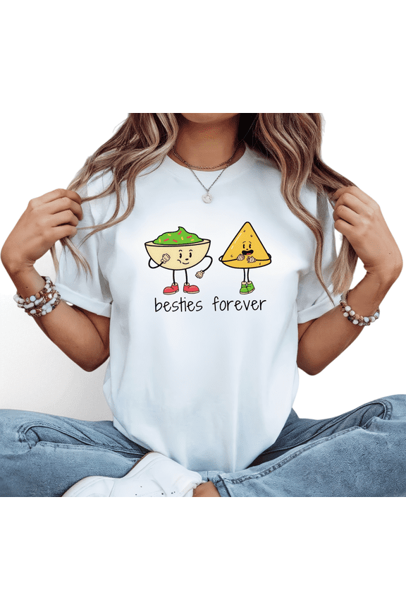 Cute Foodie T-Shirt for Women, White with Mexican Snack Besties Design, Pattern Short Sleeve Tops