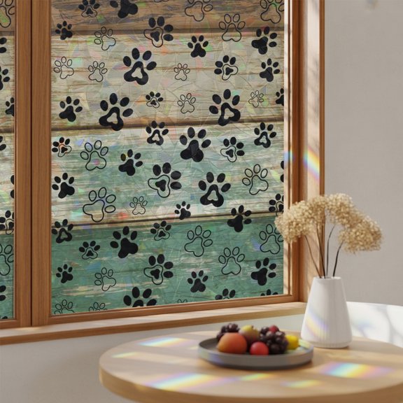 Cute Footprints on Wood Plank Window Privacy Film,Heat Control Sun Blocking Static Cling Rainbow Film,Farmhouse Wooden Board Non-Adhesive Glass Sticker Door Window Tint,17.7" x 39.3"