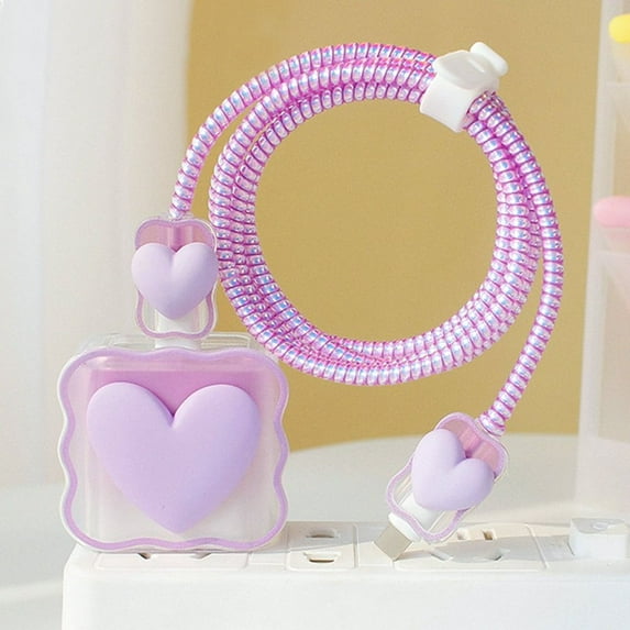Cute For iPhone Gradual Clear Cable Protector Case Charger Head Cover Data Line Cover Plug USB Protector PURPLE