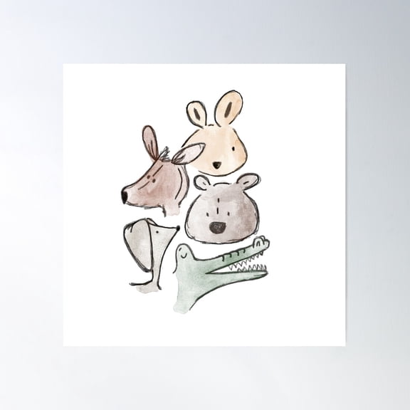Cute Forest Animal Faces Hand Drawn Wildlife Art Poster Wall Art , Poster Print Only