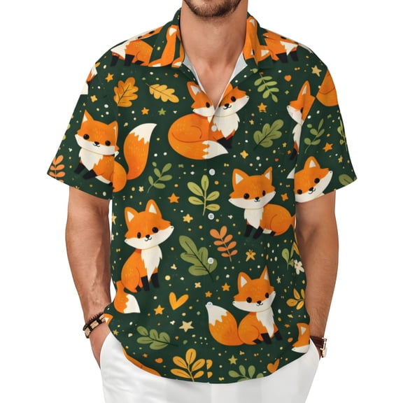 Cute Forest Animal Fox Men's Shirts Short-Sleeved with All-Over Prints Button-Up Shirts