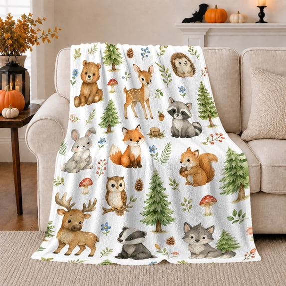 Cute Forest Animals With Pine Trees Flannel Blanket, Watercolor Woodland Home Decor For Bedroom, Nursery And Playroom, Cozy Birthday Gift For Kids And Animal Lovers