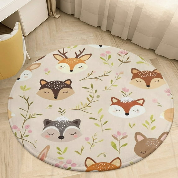 Cute Forest Animals Print Round Area Rugs for Bedroom Living Room, 2FT Soft Comfy Indoor Circle Carpets, Carpet Home Decor Floor Mat