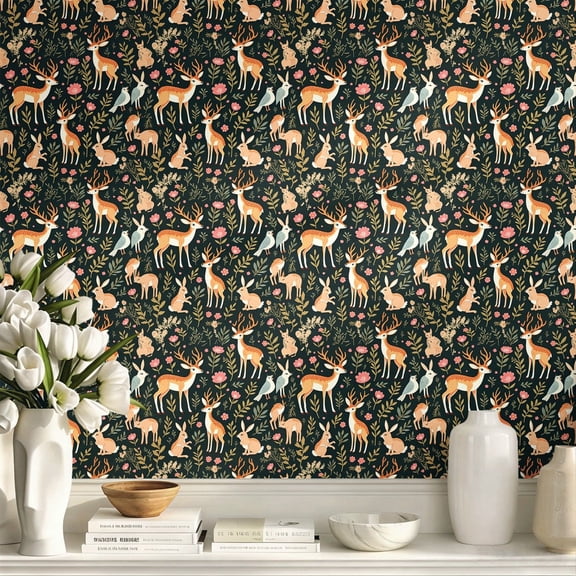Cute Forest Deer Rabbit Bird Floral Stick Wallpaper, Boho Rustic Vintage Wall Art Wall Decor Art Print, Whimsical Exquisite Home Wall Decoration for Bedroom Living Room Dorm Apartment
