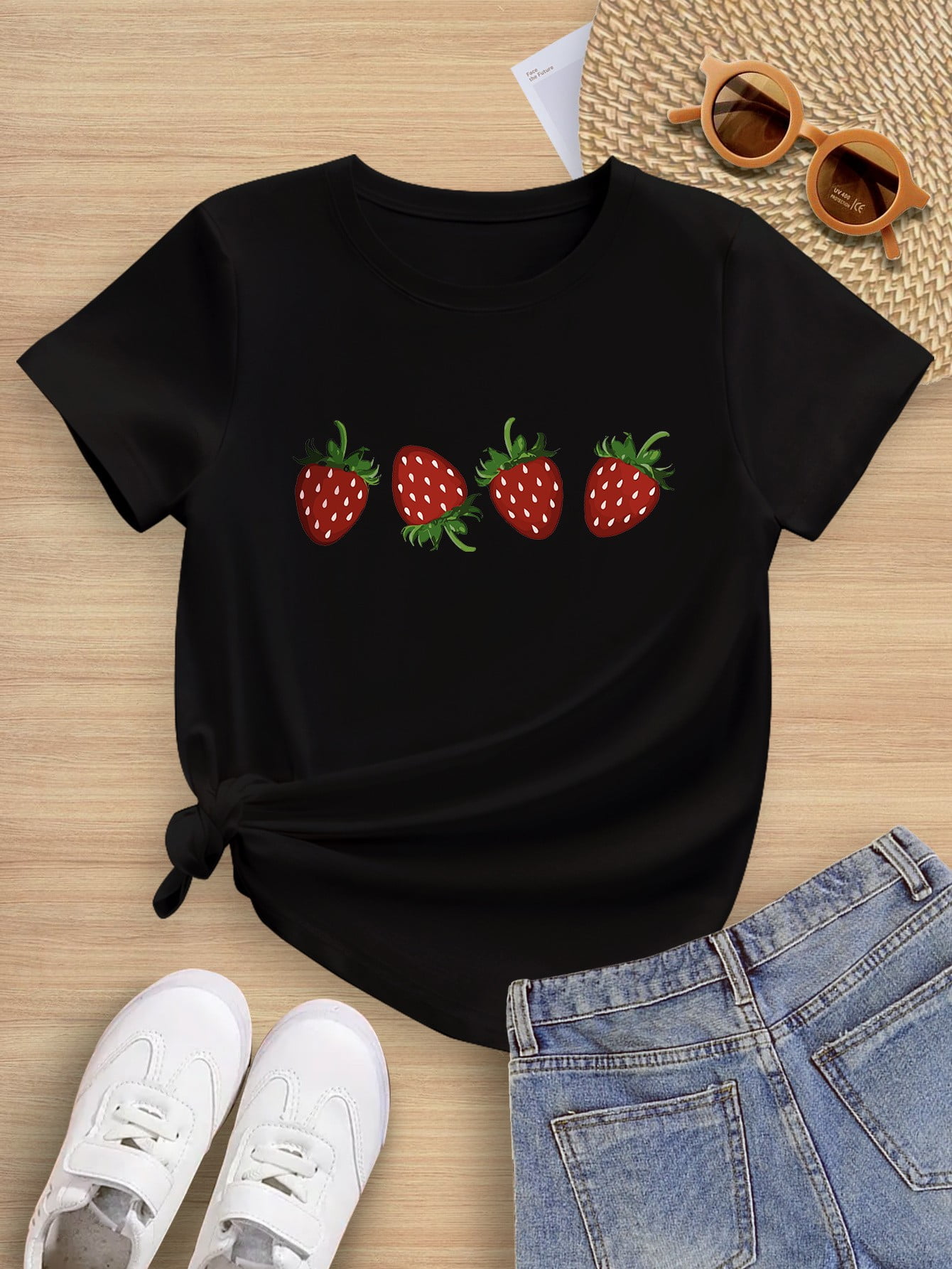 Cute Four Large Strawberry Print Girls Summer Short Sleeve T