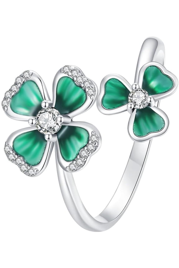 Cute Four Leaf Clover Statement Wrap Finger Ring for Women 925 Sterling Silver Cubic Zirconia Crystal Green Shamrock Stacking Adjustable Open Bands Eternity Promise Wedding Rings