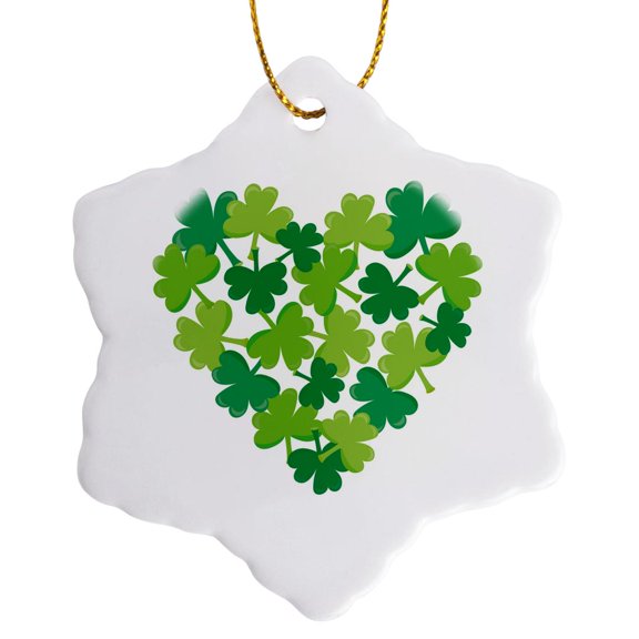3drose, Cute Four Leaf Clovers Make a Heart Illustration, 3 inch Snowflake Porcelain Ornament