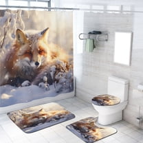Cute Fox 4 Pcs Shower Curtain Set Wild Animal Lie in Snow Field Tree Snowflake Waterproof Fabric Cloth Bath Curtain, Non-Slip Bathroom Rugs Bath Mats, 72x72 Inch