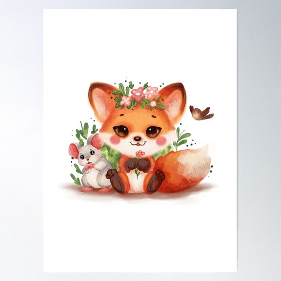 Cute Fox And Mouse Poster Wall Art, Modern Wall Decor For Living Room Bedroom, 8x12 UNFRAMED