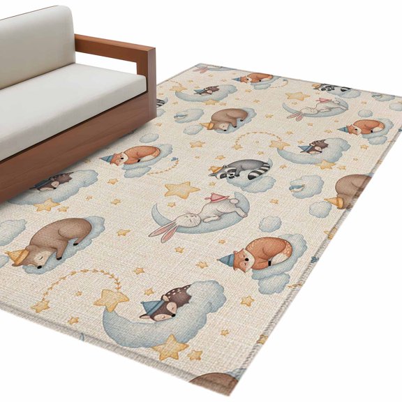 Cute Fox Area Rug 4x6 Washable Rug Non Slip Funny Animals Rustic Star Bunny Large Area Rug Indoor Floor Carpet for Entryway Bedroom Kitchen Living Room Home Office Dining Room Nursery
