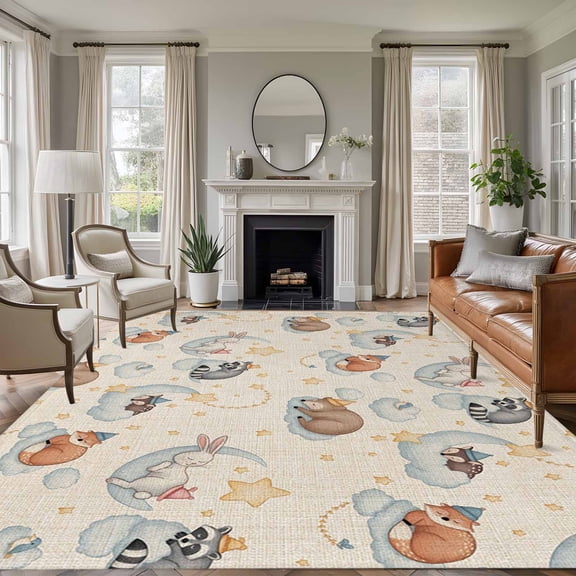 Cute Fox Area Rugs 5'x8', Washable Small Throw Rugs for Classroom Bedroom, Funny Animals Rustic Star Bunny Indoor Outdoor Rug Non-Slip Low Pile Carpet Runner Reversible Floor Mats