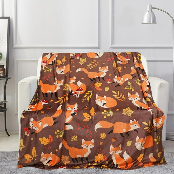 Cute Fox Blanket, Flannel Blanket Soft and Cozy, Fox Gifts for Adult Kids Teens, Forest Fox Mushroom Throw Blanket for Nap Bed Sofa Chair Home Decor 50x60inch