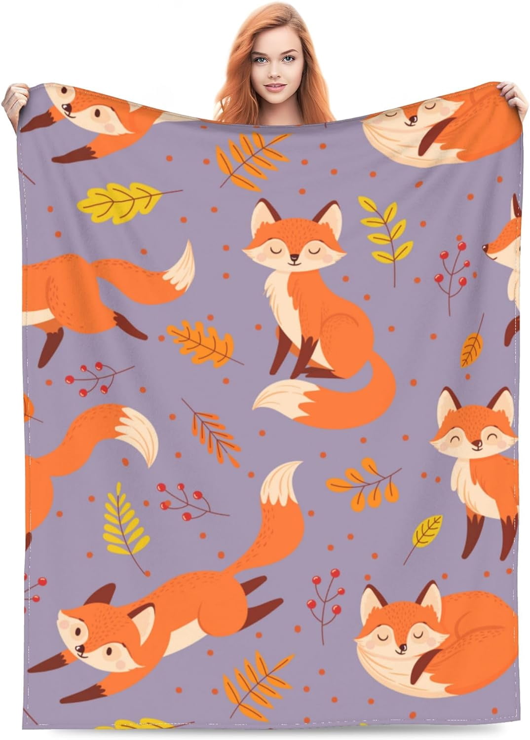 Cute Fox Blanket Gifts for Kids & Adult for Living Room Bedding Couch Soft Lightweight Warm Cozy Animal Foxes Leaf Throw Blankets Party Birthday Decor Golden 60X80in All Seasons