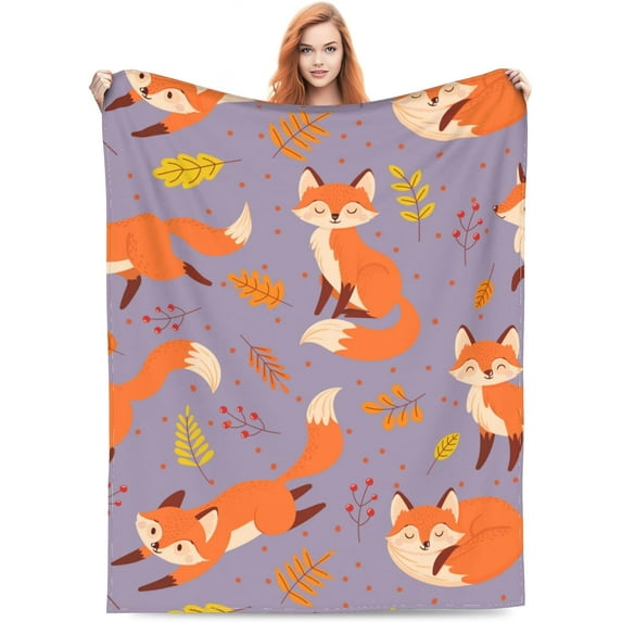 Cute Fox Blanket Gifts for Kids & Adult for Living Room Bedding Couch Soft Lightweight Warm Cozy Animal Foxes Leaf Throw Blankets Party Birthday Decor Golden 60X80in All Seasons