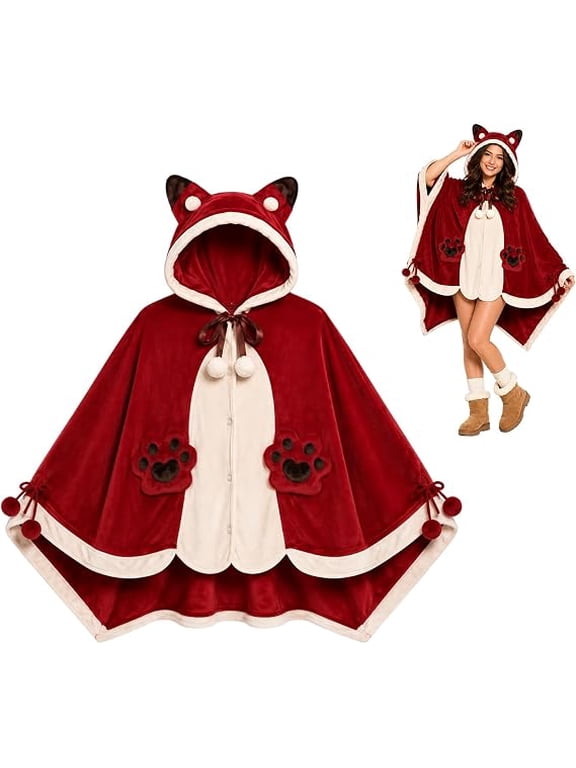 Cute Fox Blanket Hoodie, Fluffy Snug Wearable Fox Hooded Shawl Cape, Comfortable for Adult Women Men, Holiday Gift