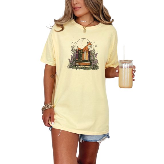 Cute Fox with Books Tshirt, Fox Lover Gift Tee, Bookworm Graphic T-shirt, Cozy Literary Shirt, Book Lover Clothing, Forest Reader Top, Butter Comfort Colors T-Shirt, 3XL