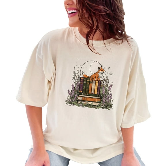Cute Fox with Books Tshirt, Fox Lover Gift Tee, Bookworm Graphic T-shirt, Cozy Literary Shirt, Book Lover Clothing, Forest Reader Top, Ivory Comfort Colors T-Shirt, Small