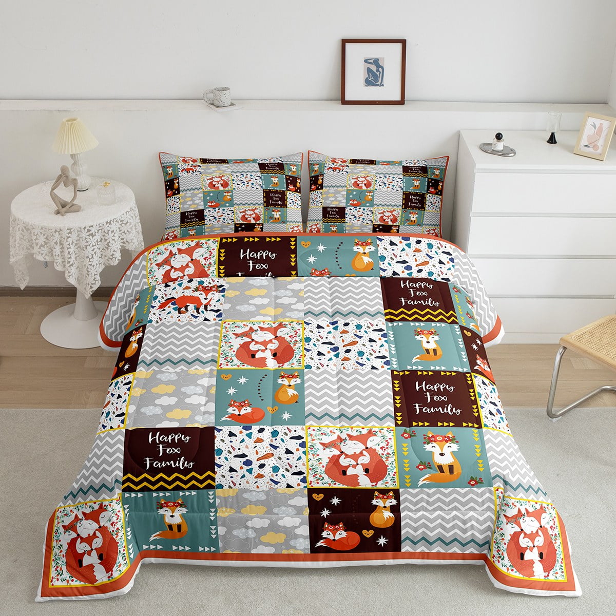 Cute Fox Comforter Set Full Size,Wild Jungle Animals Bedding Set