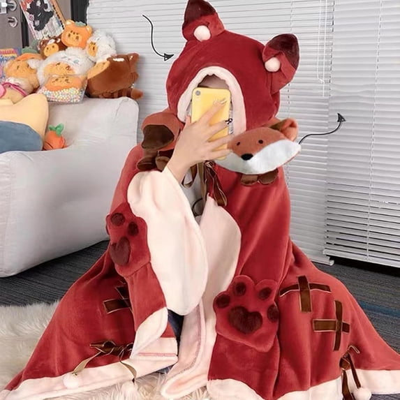 Cute Fox Costume Blanket, Halloween Blanket, Adult Wearable Blanket, Fox Blanket Hoodie Oversized Soft Sherpa Hoodie Women Throw Cloak Wrap Soft Throw Blanket