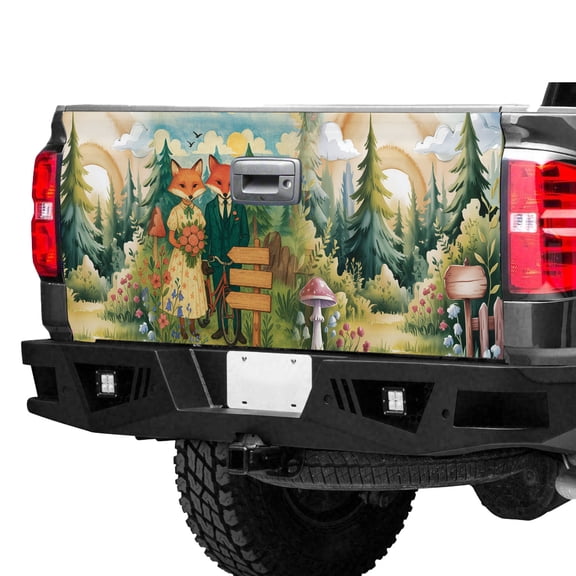 Cute Fox Couple Tailgate Wrap – Woodland Fox Lovers Forest Landscape Truck Tailgate Decal, Vintage Animal Art Pickup Tailgate Graphic