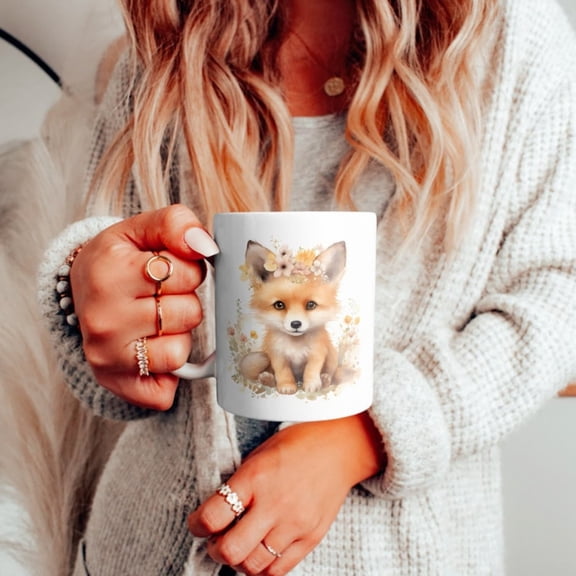 Cute Fox Cub with Flowers Ceramic Mug, Adorable Fox Coffee Cup, Fox and Flowers Tea Cup, Fox Lover Mug, Gift Her, & oz.