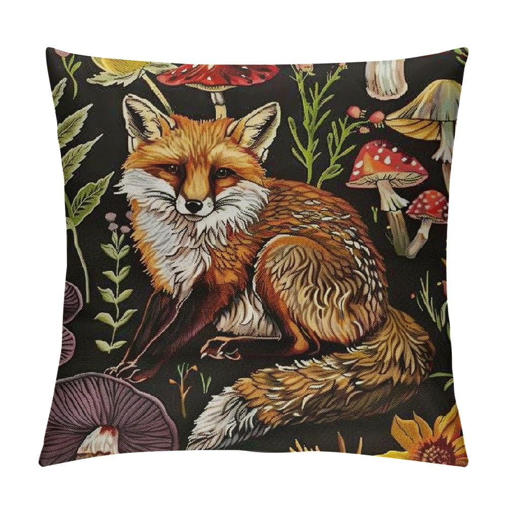 Cute Fox Cushion Cover Red Mushroom Rustic Plant Throw Pillow Cover for
