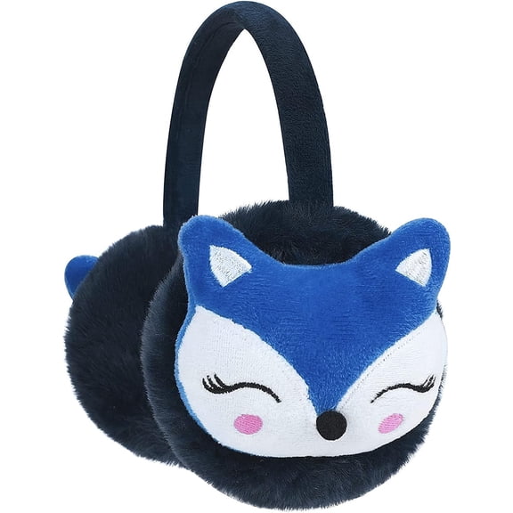 Cute Fox Earmuff Girls Boys Plush Winter Warm Ear Muff Soft Furry Outdoor Ear Warmer Muff, Kids Ear Cover Anti-Cold Ear Protector, Blue
