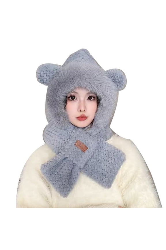 Cute Fox Ears 2-in-1 Hat and Scarf,Fox Hat Scarf Combo,Hat with Scarf Attached,Hat with Scarf Attached for Women-Grey