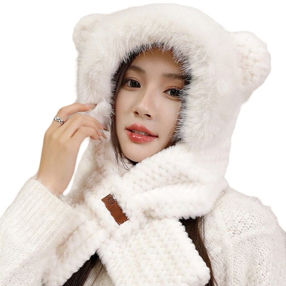 Cute Fox Ears 2-in-1 Winter Hat and Scarf;Integrated Ear Protection Scarf Cap;Women's Cotton Material Scarf with Hood;Adjustable Colorful Fox Design Scarf Hat