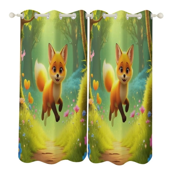 Cute Fox in Enchanted Forest Blackout Curtains Window Drapes Room Darkening Thermal Insulated Grommets Blackout Curtains, for Living, Dining, Bedroom,2 Panels