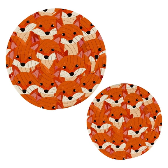 Cute Fox Face Potholders Set Trivets Pads 2 Pcs Cotton Heat Resistant Round Hot Mats for Kitchen Countertop Table Home Decor