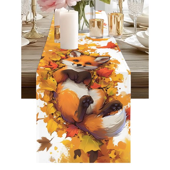 Cute Fox Fall Maple Leaf Table Runners 72 Inches Long Cartoon Watercolor Kitchen Dining Table Runner Dresser Scarves for Party Coffee Holiday Party Decor