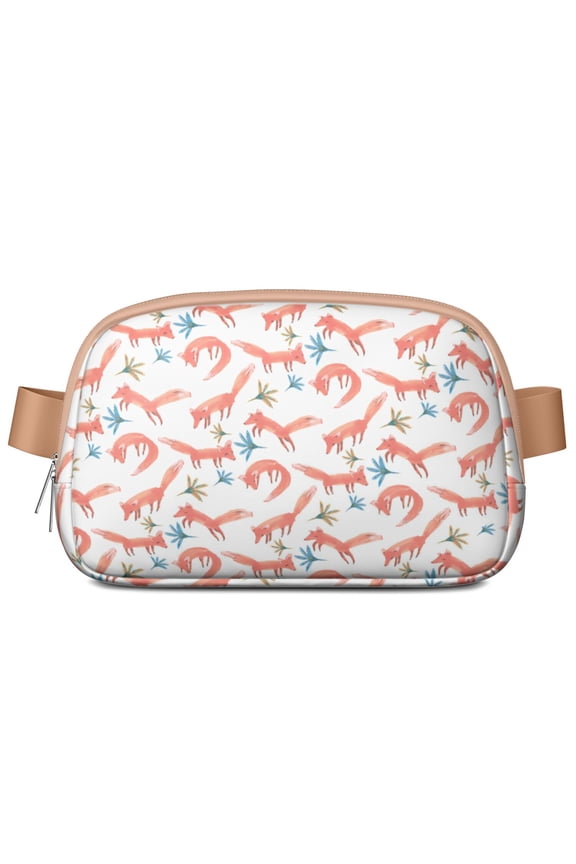 Cute Fox Fanny Pack for Women – Cartoon Foxy Print Waist Bag with Forest Tree Design, Artistic Pattern Sling Bag with Zipper Compartments and Adjustable Strap