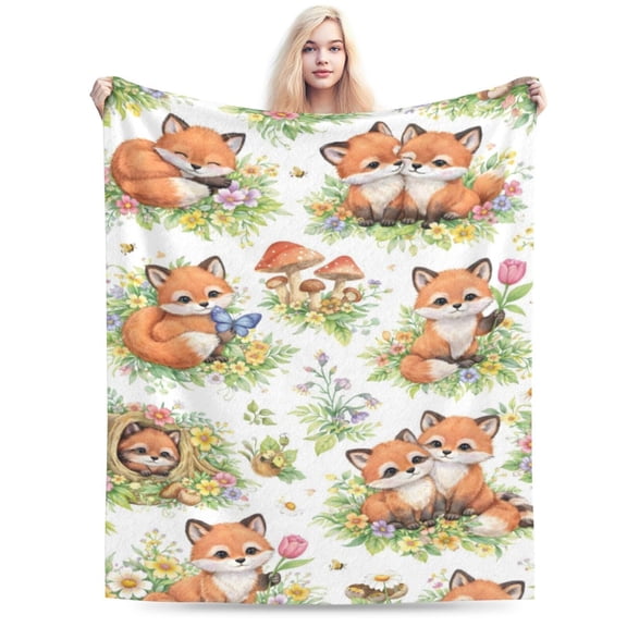 Cute Fox Floral Blanket Woodland Animal Throw Blanket Soft Cozy Blanket for Couch Bed Easter Spring Gift Home Decor 80x60